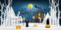 Paper art , cut and digital craft style of the festival characters in the dark night Halloween and full moon background as happy