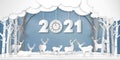 Paper art, cut and digital craft style of Reindeers or deers in forest in the snow wintry season with trees as Merry Christmas and