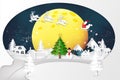 Paper art, cut and digital craft style of Santa Claus on Sleigh and Reindeer with snowman in the merry christmas night and  happy Royalty Free Stock Photo