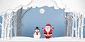 Paper art, cut and digital craft style of Santa Claus and snowman in winter season with trees , forest and snow as Merry Christmas Royalty Free Stock Photo