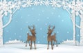 Paper art of cute reindeer with snow and snowflake background illustration Royalty Free Stock Photo