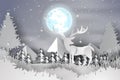 Paper art of deer in the forest lanscape snow with full moon,hil Royalty Free Stock Photo