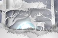 Paper art of deer in the forest lanscape snow with full moon,vec Royalty Free Stock Photo
