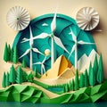 Paper art depicting renewable energy with green wind turbines and carbon-neutral energy goal by 2050