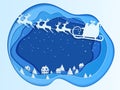 Paper art depth concept of christmas with santa claus flying with reindeer sleigh on sky to village.