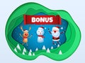 Paper art depth concept of christmas. Santa claus, snowman, reindeer jumping and get bonus. Merry christmas and happy new year. Royalty Free Stock Photo