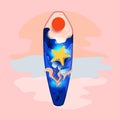 Paper art depth style. Design sea wave depth, starfish and coral inside surfboard shape in summer time. Summer beach vacation.