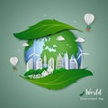 Paper art design of eco friendly and save the environment conservation concept,clean city on leaf shape abstract background