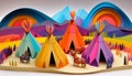 Paper art diorama of Indigenous teepees