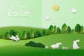 Paper art Easter\'s day concept with white rabbits happy in the garden on sunshine day