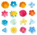 Paper art flowers. 3d spring origami rose, daisy and wild flower. Realistic colorful floral craft for wedding and