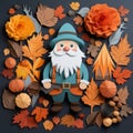 Paper Art Gnome With Oak Leaves And Autumn Flowers Royalty Free Stock Photo