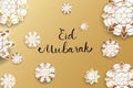 Paper art gold flowers. Greeting card Eid Mubarak, with lettering. Vector stock. Royalty Free Stock Photo