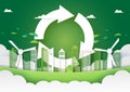 Paper art of green city and recycle energy concept background template