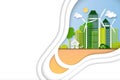 Paper art of green eco city and renewable energy for sustainable resource Royalty Free Stock Photo