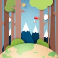 Paper art of Green nature forest landscape with red parachute on blue sky background