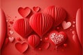 Paper art of group of red balloons combine to heart shape with doodles love icon and copy space, origami. Generative AI Royalty Free Stock Photo