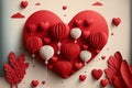 Paper art of group of red balloons combine to heart shape with doodles love icon and copy space, origami. Generative AI Royalty Free Stock Photo