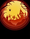 Paper art Halloween background with haunted house, cemetery Royalty Free Stock Photo