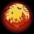 Paper art Halloween background with haunted house, cemetery with Royalty Free Stock Photo