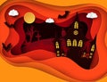 Paper art Halloween night background with haunted house Royalty Free Stock Photo