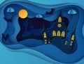 Paper art Halloween night background with haunted house Royalty Free Stock Photo