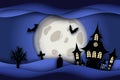 Paper art Halloween night background with haunted house, flying bat Royalty Free Stock Photo