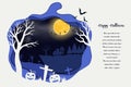 Paper art Halloween with scary pumpkins and full moon on blue background Royalty Free Stock Photo