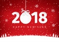 Paper art with Happy New Year 2018 text design. Circle label with a bow. White and red flat minimal landscape background. Royalty Free Stock Photo