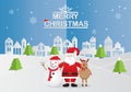 Paper art of happy Santa Claus with snowman and reindeer in snow forest with text MERRY CHRISTMAS. Vector illustration Royalty Free Stock Photo