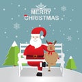 Paper art of happy Santa Claus with snowman and reindeer in snow forest with text MERRY CHRISTMAS Royalty Free Stock Photo