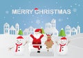 Paper art of happy Santa Claus with snowman and reindeer in snow forest with text MERRY CHRISTMAS. Vector illustration Royalty Free Stock Photo