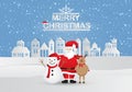 Paper art of happy Santa Claus with snowman and reindeer in snow forest with text MERRY CHRISTMAS. Vector illustration