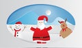 Paper art of happy santa claus with snowman and reindeer on winter snow forest background, Merry Christmas. Vector illustration Royalty Free Stock Photo