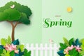 Paper art of Hello Spring with cute birds happy on spring garden Royalty Free Stock Photo