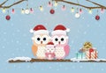 Paper art illustration of cute Owls and snow christmas card