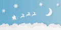 Paper art illustration with snowflakes decoration, half-moon, and flying santa claus in the sky. Royalty Free Stock Photo