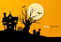 Paper art illustration of spooky church and tree in graveyard