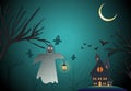 Paper art illustration of Spooky and Haunted house Halloween night background Royalty Free Stock Photo