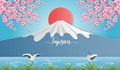 Paper art of japan view banner, tour advertising of mount fuji with cherry blossom, sun and red crowned crane Royalty Free Stock Photo