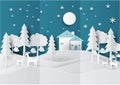 Paper art landscape of Christmas with Deer, Tree and House design. vector illustration