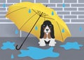 Paper art. Little puppy in the rain under an umbrella. Royalty Free Stock Photo