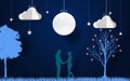 Paper art. lovers join hands with moon in the night. romantic scence with Love tree, stars, clouds and moon. Valentine`s Day. Vec Royalty Free Stock Photo