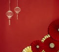 Paper art Lucky Chinese new year red background decoration with gold lantern and paper fan