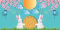 Paper art of mid autumn festival greeting card, banner with cute rabbit, mooncake, light bulb and cherry blossom. Vector Royalty Free Stock Photo