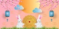 Paper art of mid autumn festival greeting card, banner with cute rabbit, mooncake, light bulb and cherry blossom Royalty Free Stock Photo