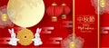 Paper art of mid autumn festival greeting card with cute rabbit drink tea, light bulb and gold cloud on red background Royalty Free Stock Photo