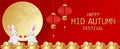 Paper art of mid autumn festival greeting card with cute rabbit drink tea, light bulb and gold cloud on red background. Vector Royalty Free Stock Photo