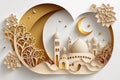 Paper art. Mosque and Crescent Islamic Moon. Ramadan concept. Generative AI