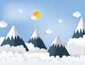 Paper art origami mountains with snow, white clouds